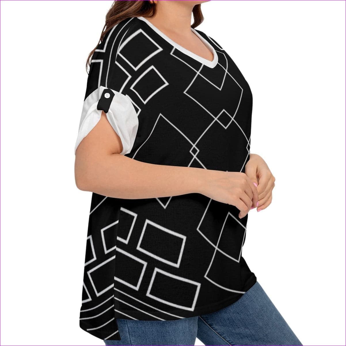 - Shaped Out Women's Black Drop-shoulder Short Sleeve T-shirt With Sleeve Loops Plus Size - womens t-shirt at TFC&H Co.