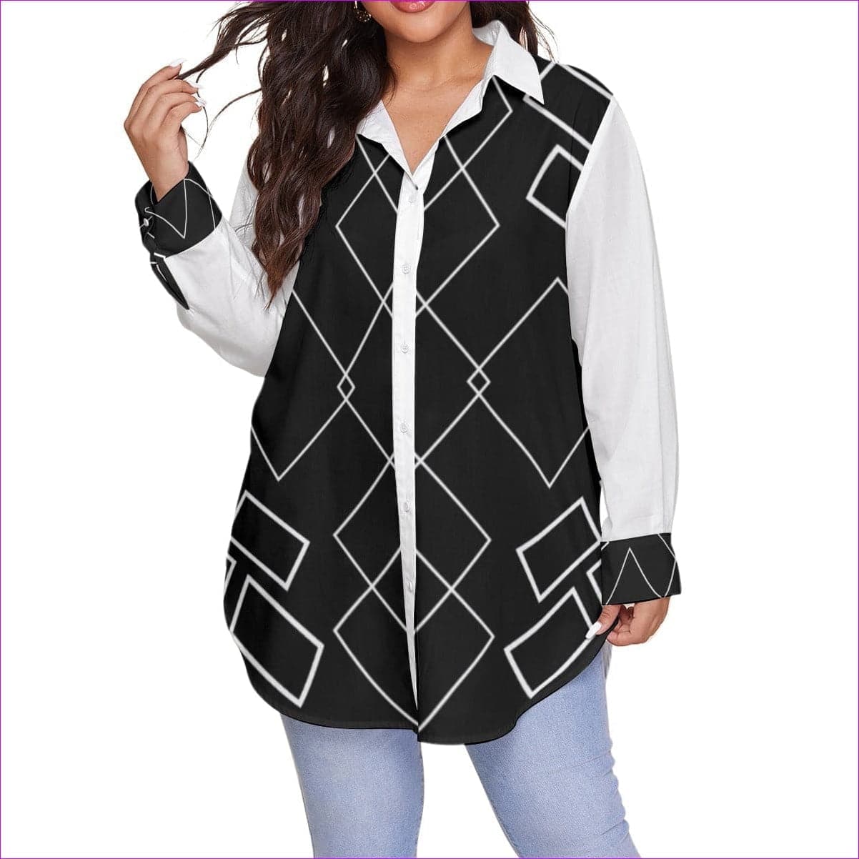 Black - Shaped Out Women's Button-Up Shirt With Long Sleeve Voluptuous (+) Plus Size - womens button-up shirt at TFC&H Co.