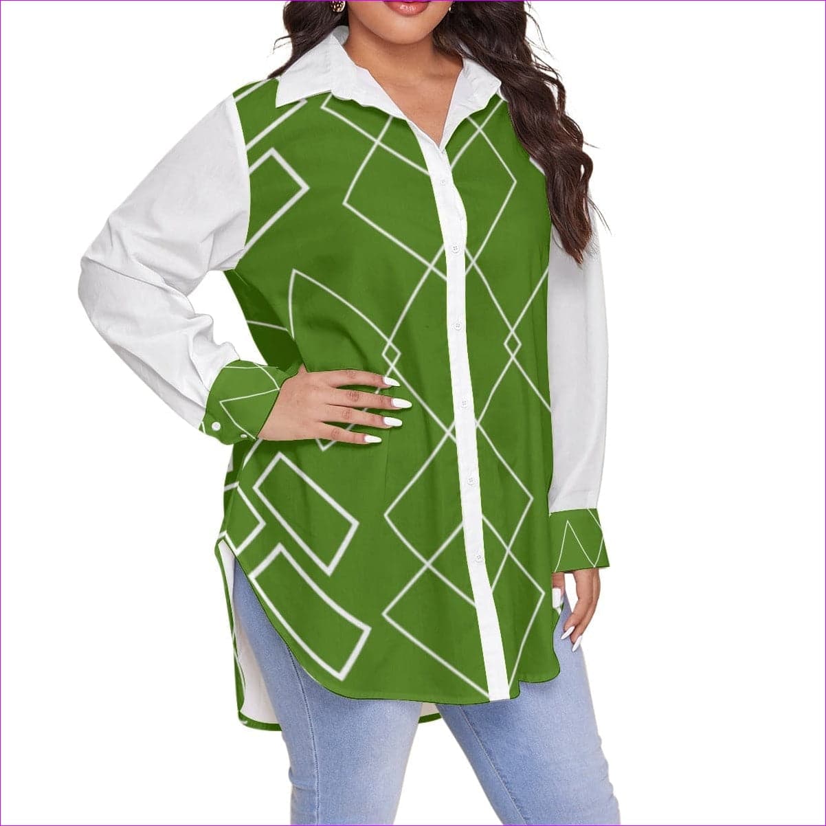 green Shaped Out Women's Button-Up Voluptuous (+) Plus Size - women's button-up shirt at TFC&H Co.