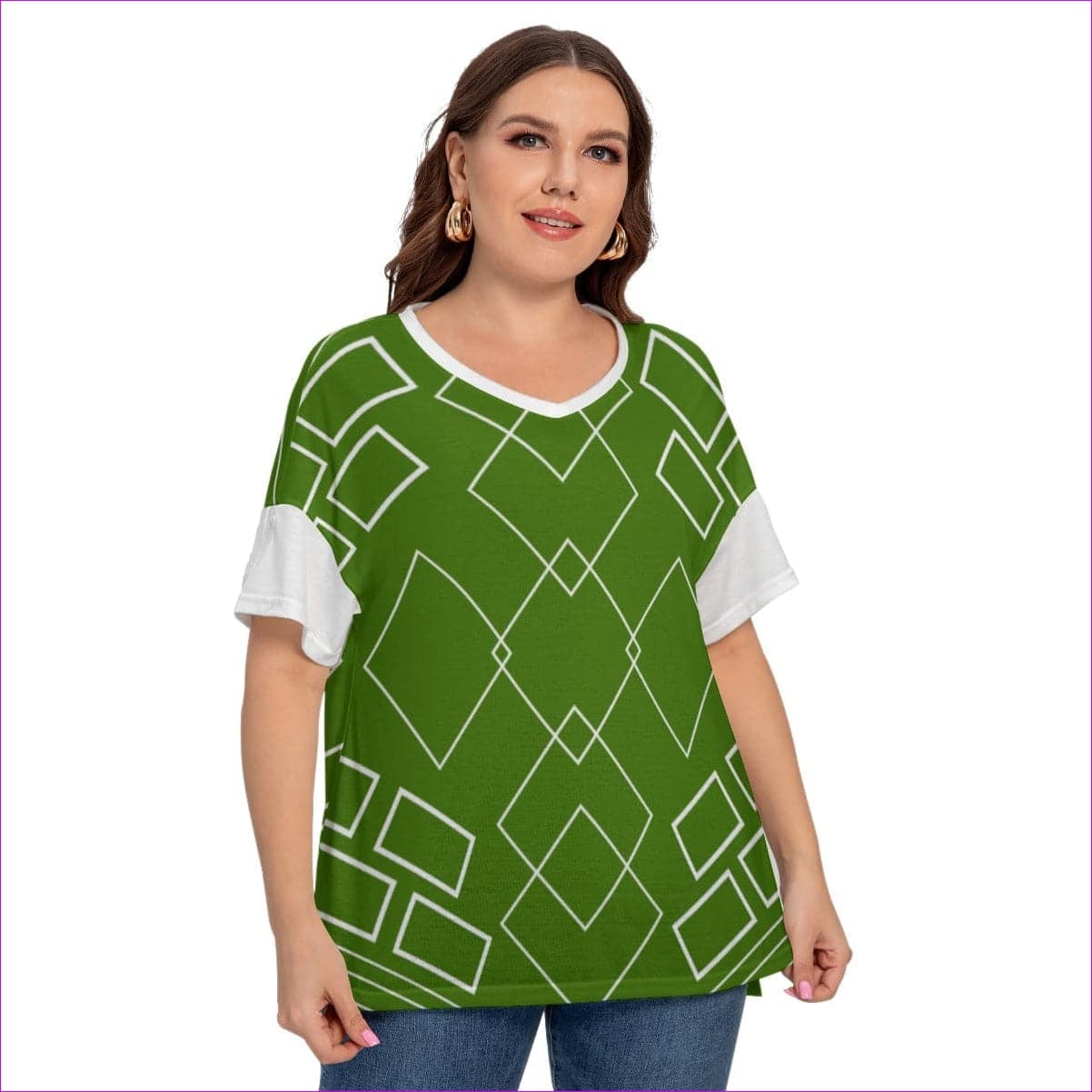 green Shaped Out Women's Drop-shoulder Short Sleeve T-shirt With Sleeve Loops Voluptuous (+) Plus Size - women's tee at TFC&H Co.