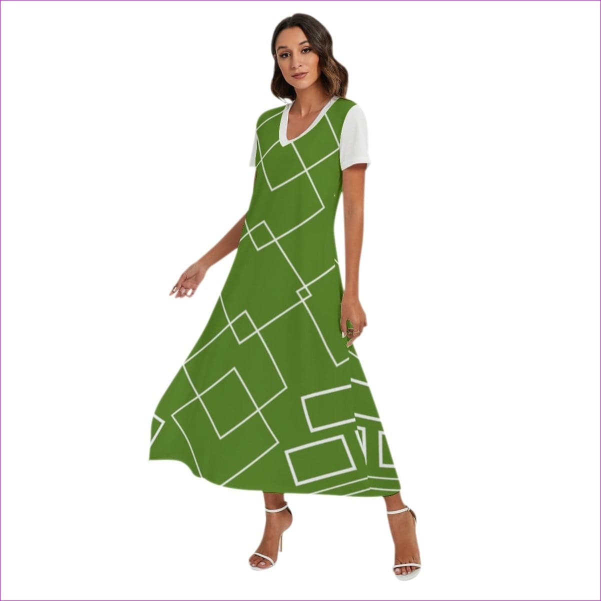 Shaped Out Women's Green V-neck Dress With Short Sleeve - women's dress at TFC&H Co.