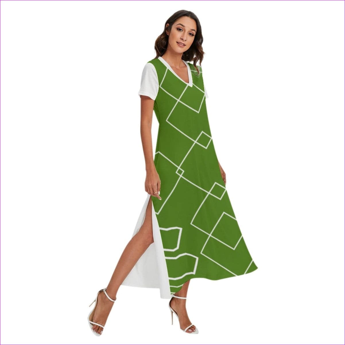 green - Shaped Out Women's Green V-neck Dress With Short Sleeve - womens dress at TFC&H Co.