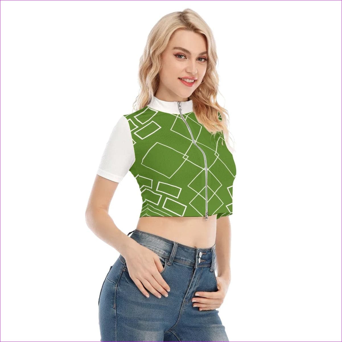 green - Shaped Out Women's Short Sleeve T-shirt With Two-way Zipper - womens crop top at TFC&H Co.