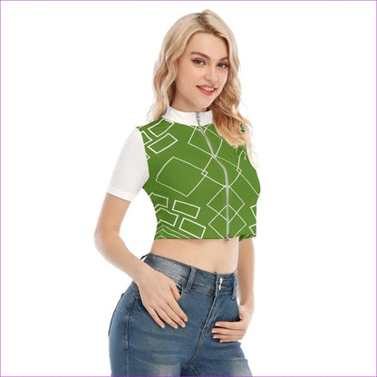 green Shaped Out Women's Short Sleeve T-shirt With Two-way Zipper - women's crop top at TFC&H Co.