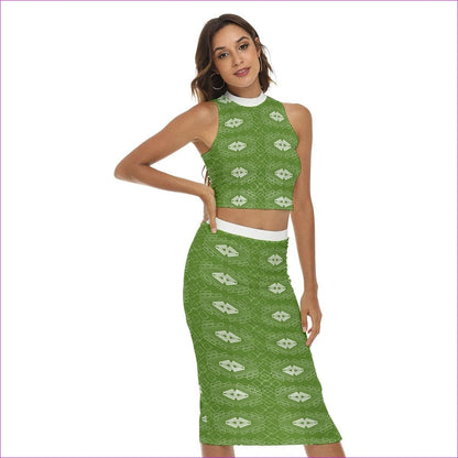 green Shaped Out Women's Tank Top & Split High Skirt Set - women's skirt set at TFC&H Co.