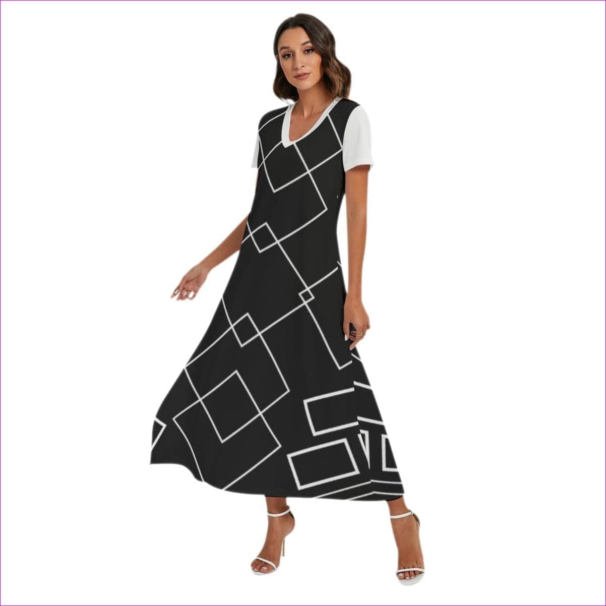 Black - Shaped Out Women's V-neck Dress With Short Sleeve - womens dress at TFC&H Co.