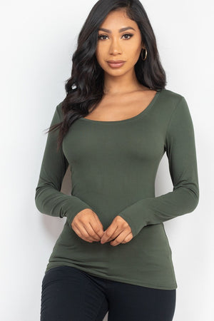 OLIVE - Sheek Basic Scoop Neck Solid Long Sleeve Cozy Top - 5 colors - Ships from The US - womens t-shirt at TFC&H Co.
