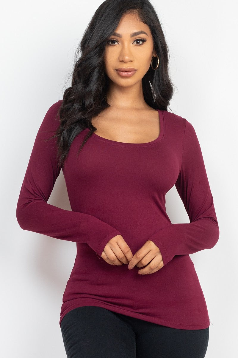 BURGUNDY - Sheek Basic Scoop Neck Solid Long Sleeve Cozy Top - 5 colors - Ships from The US - womens t-shirt at TFC&H Co.