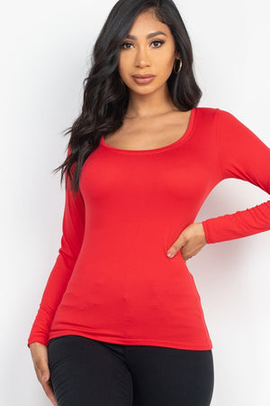 RED - Sheek Basic Scoop Neck Solid Long Sleeve Cozy Top - 5 colors - Ships from The US - womens t-shirt at TFC&H Co.