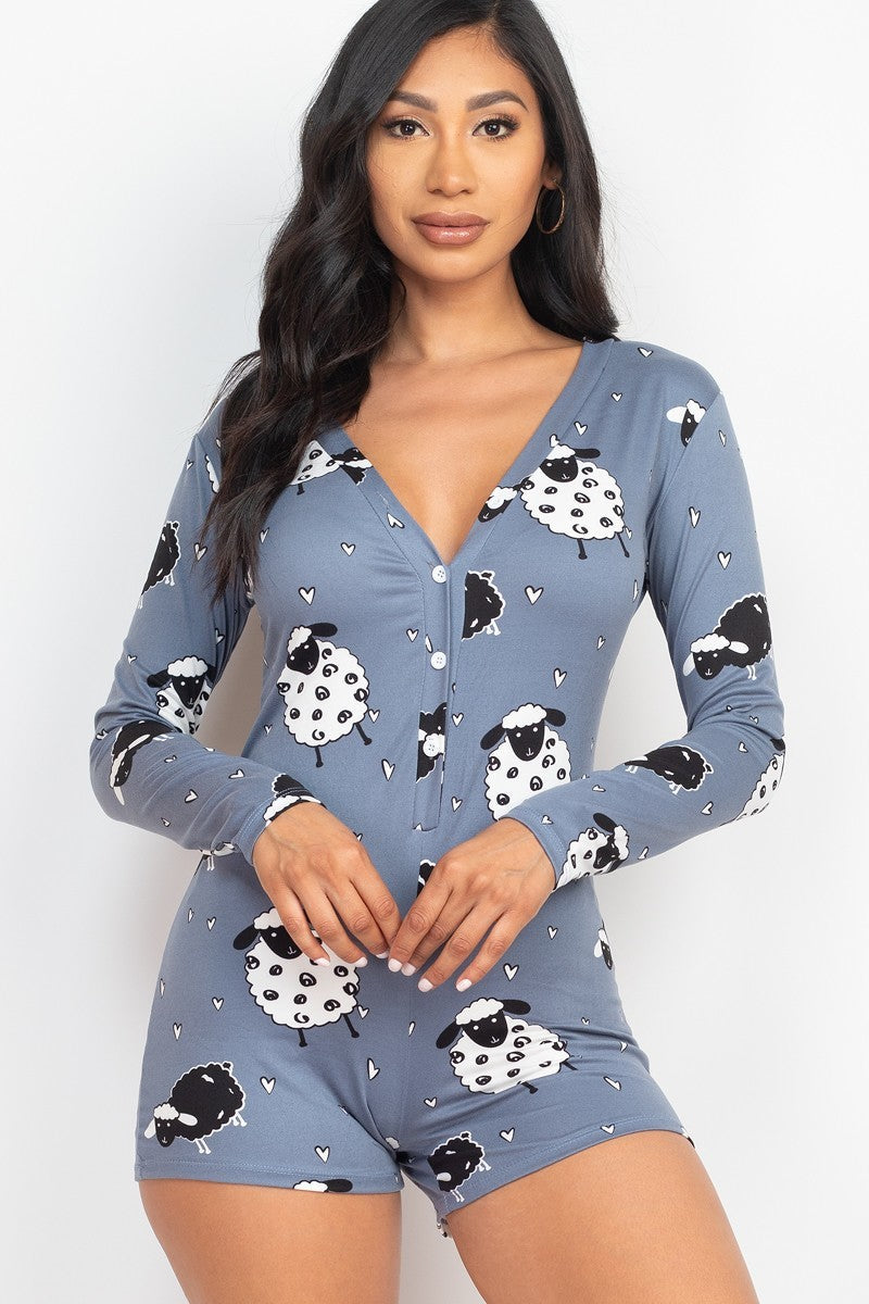 STEEL TEAL - Sheep Print V-neck Button Romper - 4 colors - Ships from The US - womens romper at TFC&H Co.