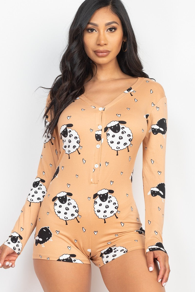 SAND TONE - Sheep Print V-neck Button Romper - 4 colors - Ships from The US - womens romper at TFC&H Co.