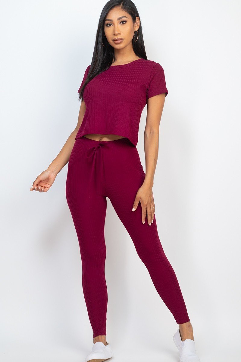 BURGUNDY - Short Sleeve Top & Leggings Set - 7 colors - Ships from The US - womens top & legging set at TFC&H Co.