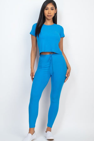 IBIZA BLUE - Short Sleeve Top & Leggings Set - 7 colors - Ships from The US - womens top & legging set at TFC&H Co.