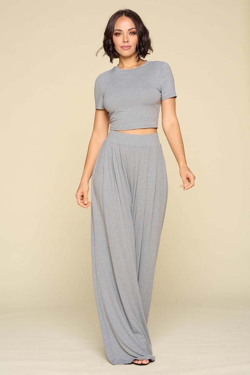 HEATHER GREY Simple Crop Top And Palazzo Pants Set - Ships from The US - women's crop top & pants at TFC&H Co.