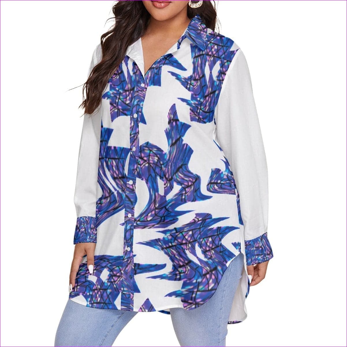 White - Skewed Women's Button-Up Shirt Voluptuous (+) Plus Size - womens button-up shirt at TFC&H Co.