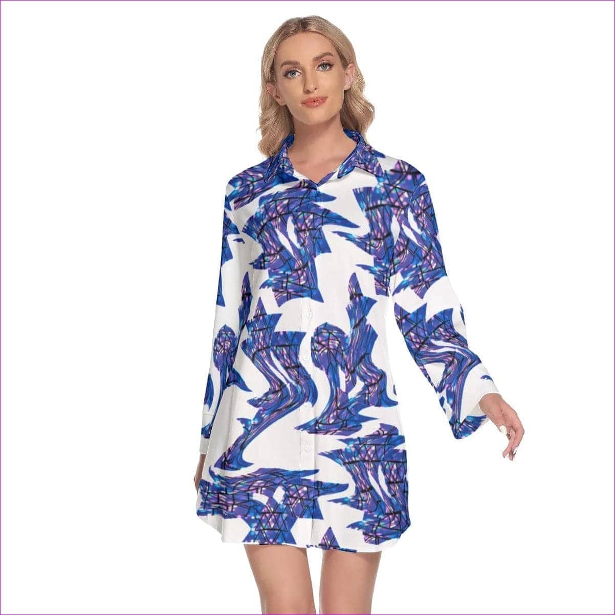 White - Skewed Women's Lapel Shirt Dress With Long Sleeves - womens shirt dress at TFC&H Co.