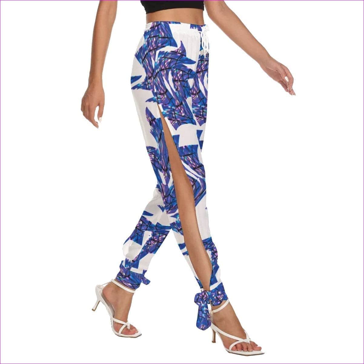 White Skewed Women's Side Seam Cutout Pants With Bottom Strap - women's pants at TFC&H Co.