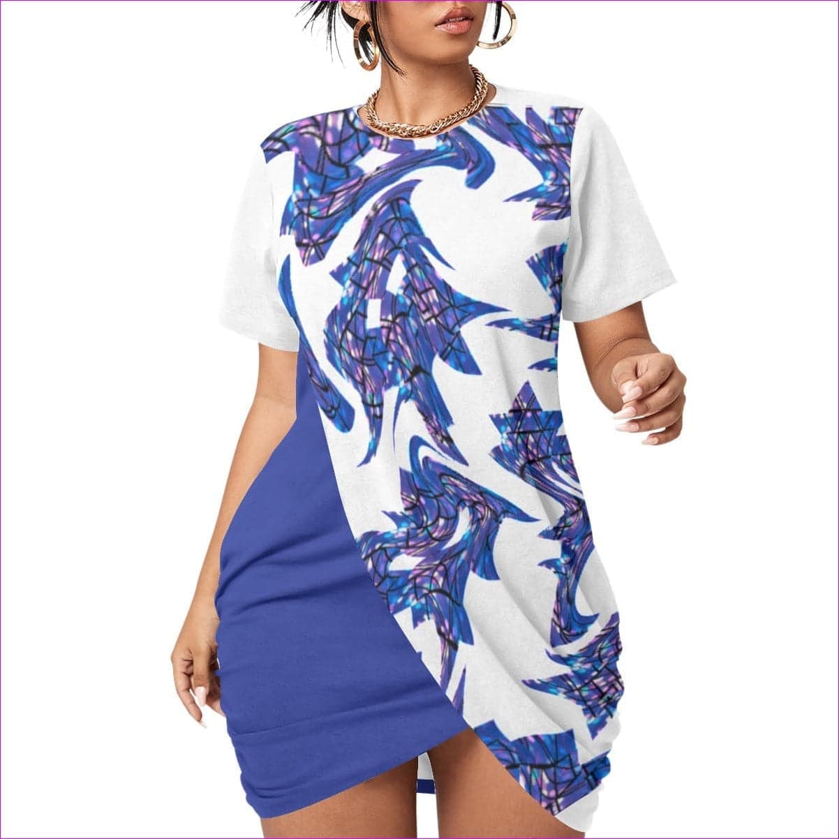 White - Skewed Women’s Stacked Hem Dress With Short Sleeve（Plus Size） - womens dress at TFC&H Co.