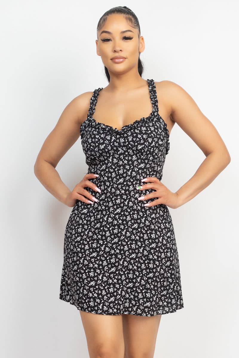 Smocking Sleeve Mini Print Dress - Black - Ships from The US - women's dress at TFC&H Co.
