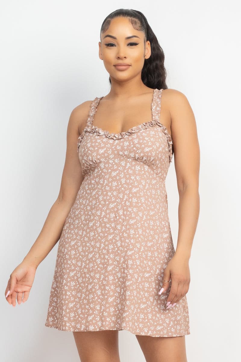 Smocking Sleeve Mini Print Dress -Nude - Ships from The US - women's dress at TFC&H Co.