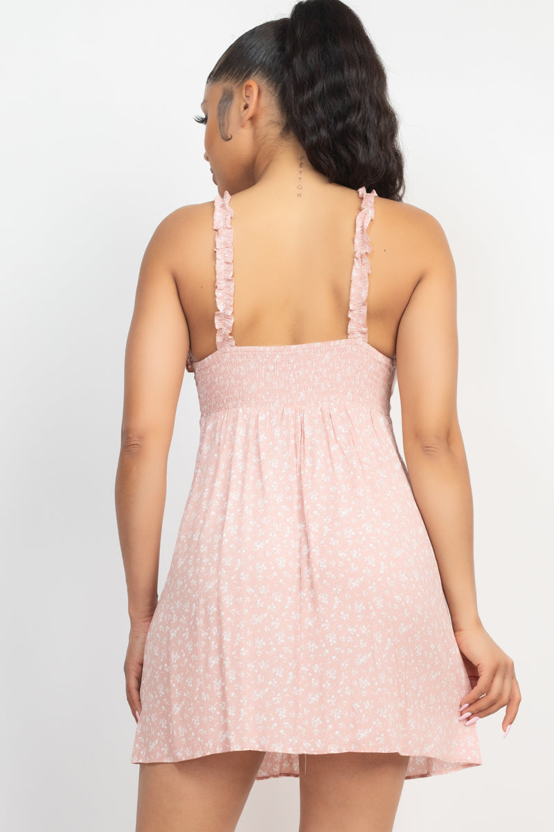 Smocking Sleeve Mini Print Dress -Pink - Ships from The US - women's dress at TFC&H Co.