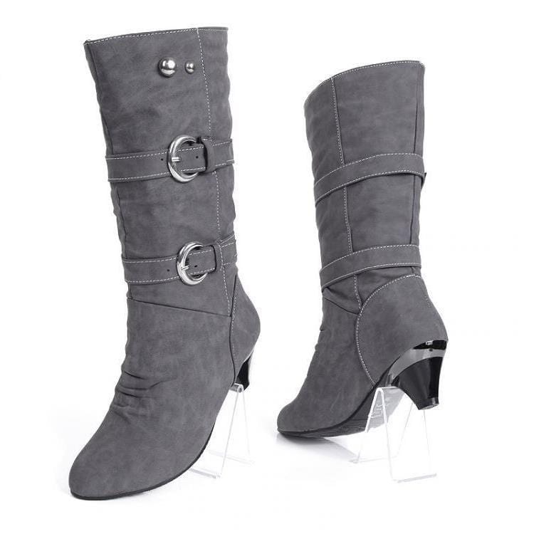 Grey - Soft Leather Wedge Heel Buckle Women's Boots - womens boots at TFC&H Co.