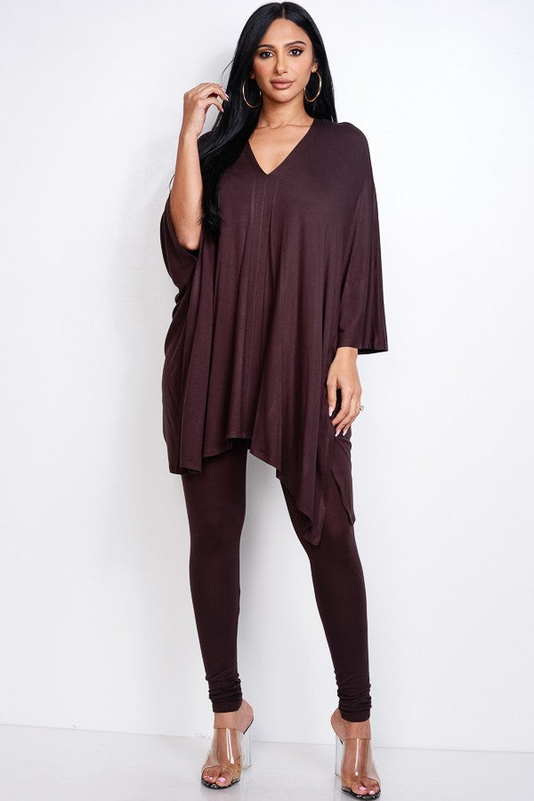 BROWN - Solid Heavy Cape Top And And Leggings 2 Piece Set - 9 colors - Ships from The US - womens top & pants set at TFC&H Co.