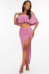 MAUVE - Solid Ity Off The Shoulder Ruffled Cropped Top And Ruched Maxi Skirt Set - 2 colors - Ships from The US - womens top & skirt set at TFC&H Co.
