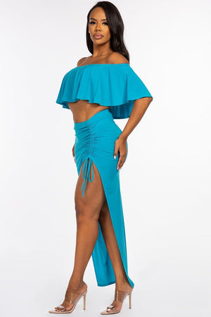 - Solid Ity Off The Shoulder Ruffled Cropped Top And Ruched Maxi Skirt Set - 2 colors - Ships from The US - womens top & skirt set at TFC&H Co.