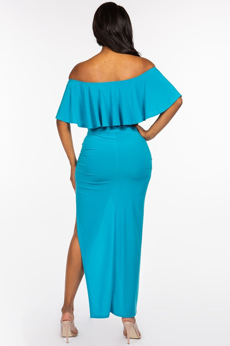 JADE - Solid Ity Off The Shoulder Ruffled Cropped Top And Ruched Maxi Skirt Set - 2 colors - Ships from The US - womens top & skirt set at TFC&H Co.