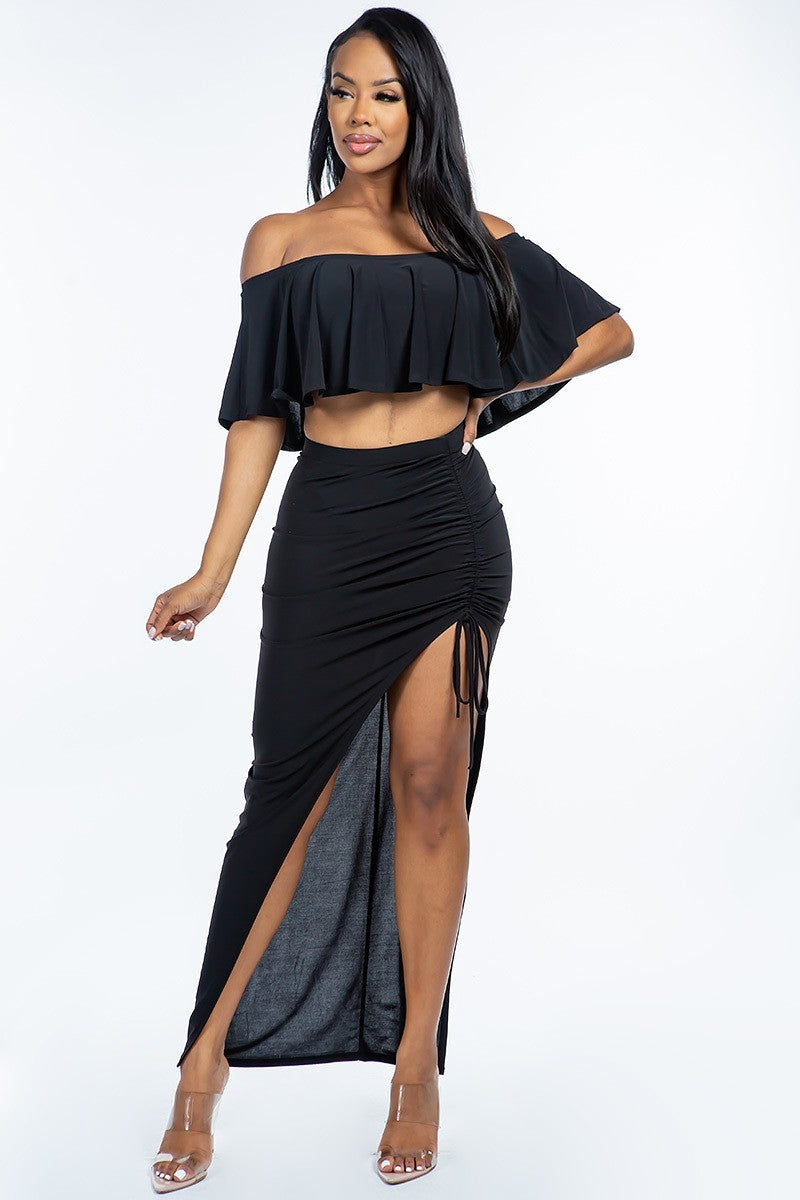 BLACK - Solid Ity Off The Shoulder Ruffled Cropped Top And Ruched Maxi Skirt Set - 2 colors - Ships from The US - womens top & skirt set at TFC&H Co.