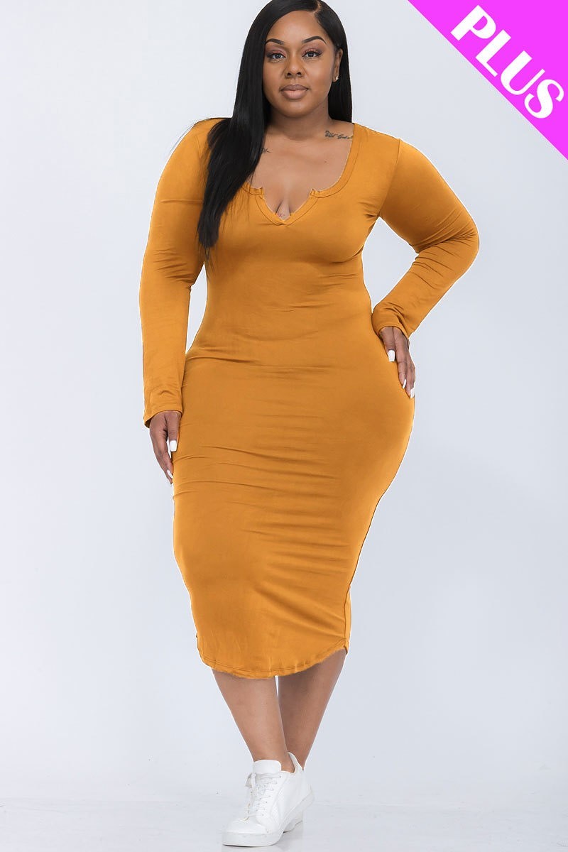 BROWN SUGAR - Split Neck Long Sleeve Midi Dress Voluptuous (+) Plus Size - Ships from The US - womens dress at TFC&H Co.