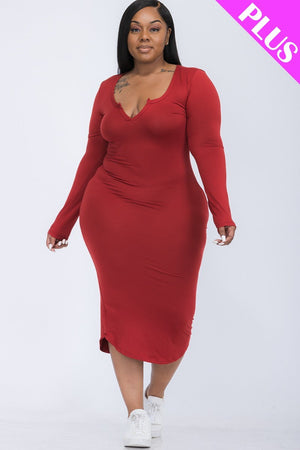 WINERY - Split Neck Long Sleeve Midi Dress Voluptuous (+) Plus Size - Ships from The US - womens dress at TFC&H Co.