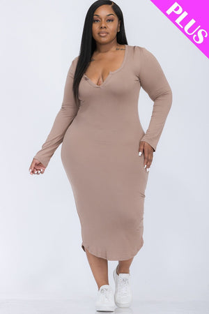 TAUPE GREY - Split Neck Long Sleeve Midi Dress Voluptuous (+) Plus Size - Ships from The US - womens dress at TFC&H Co.