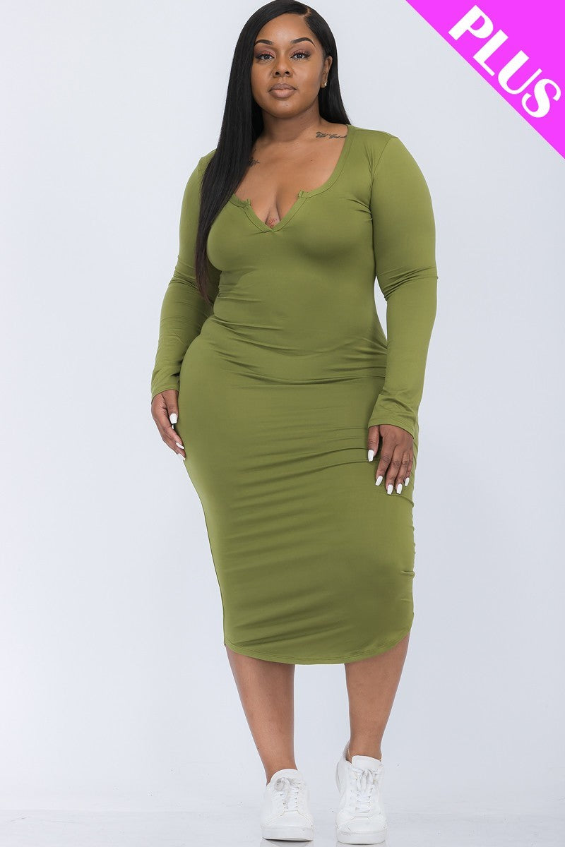 OLIVE BRANCH - Split Neck Long Sleeve Midi Dress Voluptuous (+) Plus Size - Ships from The US - womens dress at TFC&H Co.