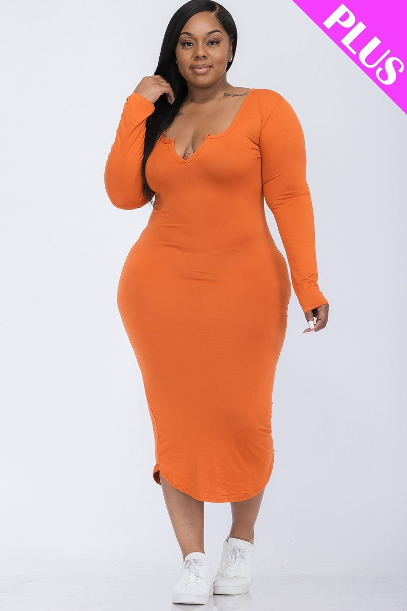 - Split Neck Long Sleeve Midi Dress Voluptuous (+) Plus Size - Ships from The US - womens dress at TFC&H Co.