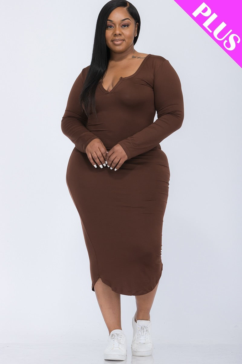 COFFEE - Split Neck Long Sleeve Midi Dress Voluptuous (+) Plus Size - Ships from The US - womens dress at TFC&H Co.