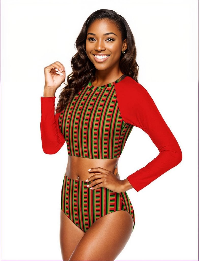 - Striped Galore Long Sleeve Crew Neck Ladies Two-Piece Swimsuit - womens two-piece swimsuit at TFC&H Co.