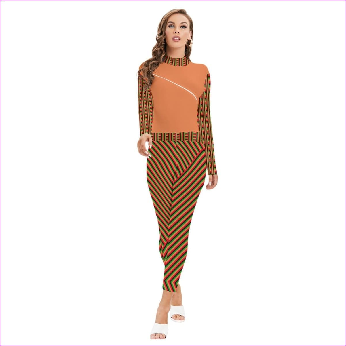 Striped Galore Orange Women's Long-sleeved High-neck Jumpsuit With Zipper - women's jumpsuit at TFC&H Co.