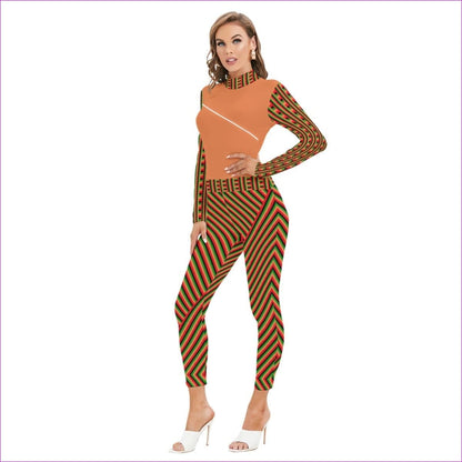 multi-colored Striped Galore Orange Women's Long-sleeved High-neck Jumpsuit With Zipper - women's jumpsuit at TFC&H Co.