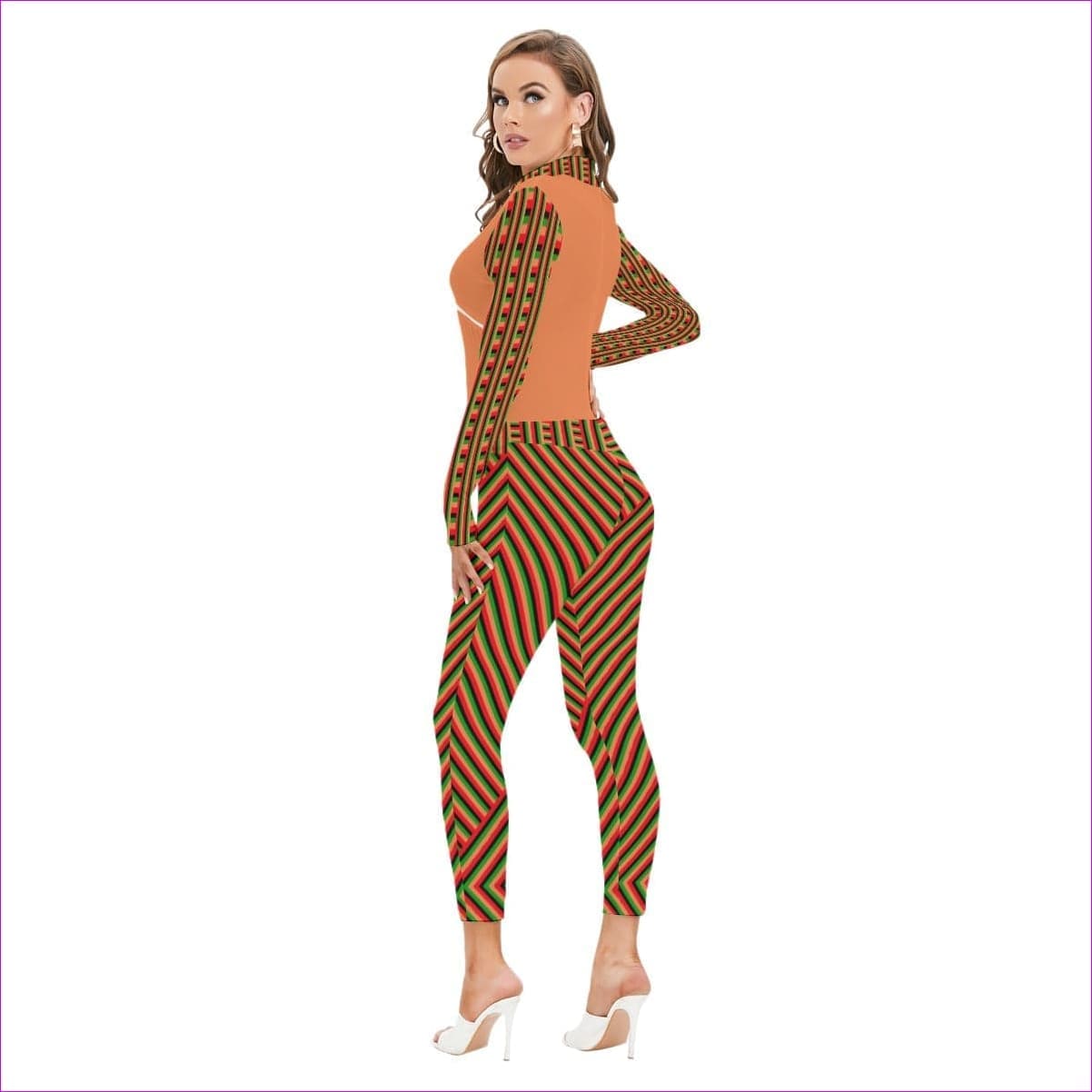 - Striped Galore Orange Women's Long-sleeved High-neck Jumpsuit With Zipper - womens jumpsuit at TFC&H Co.