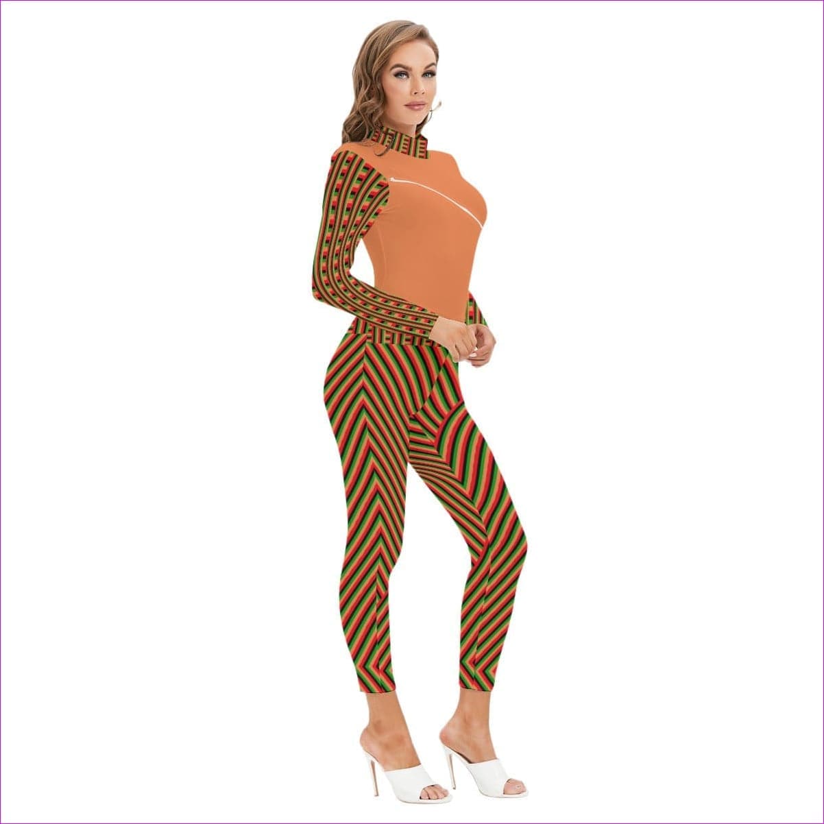 Striped Galore Orange Women's Long-sleeved High-neck Jumpsuit With Zipper - women's jumpsuit at TFC&H Co.