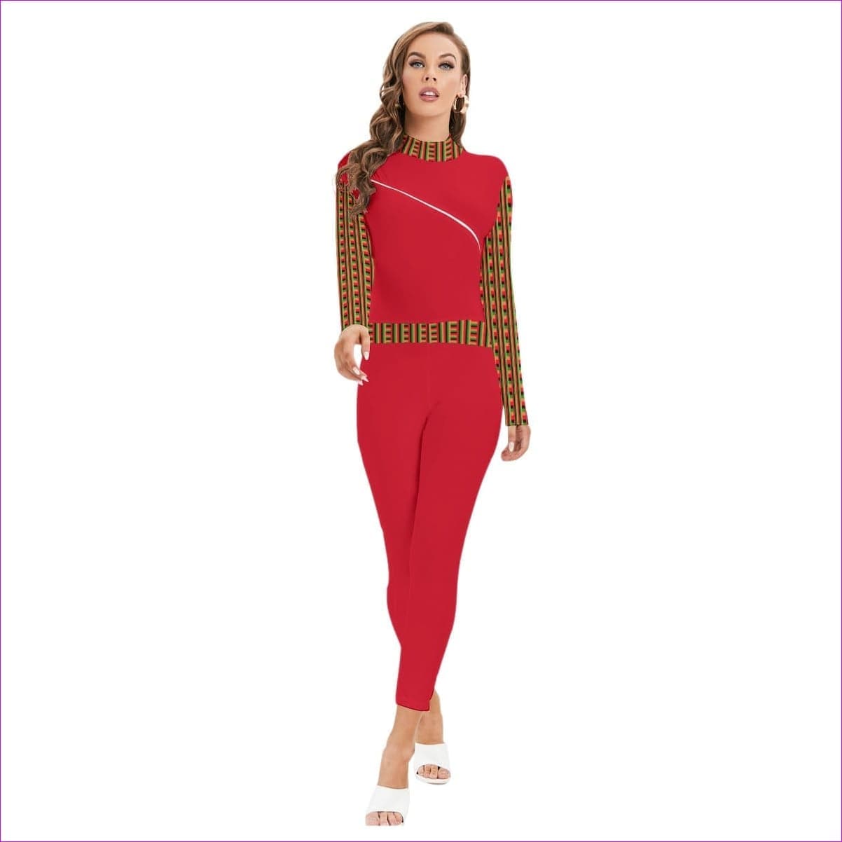 Striped Galore Red Women's Long-sleeved High-neck Jumpsuit With Zipper - women's jumpsuit at TFC&H Co.