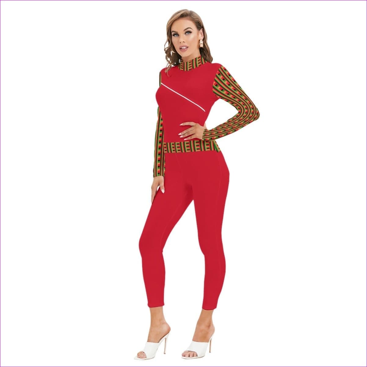 Striped Galore Red Women's Long-sleeved High-neck Jumpsuit With Zipper - women's jumpsuit at TFC&H Co.