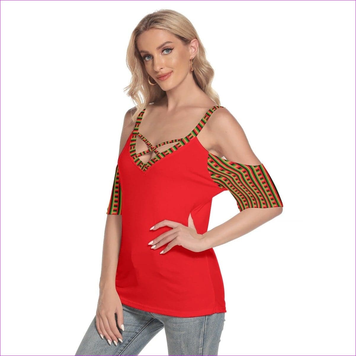 Striped Galore Women's Cold Shoulder T-shirt With Criss Cross Strips - women's top at TFC&H Co.
