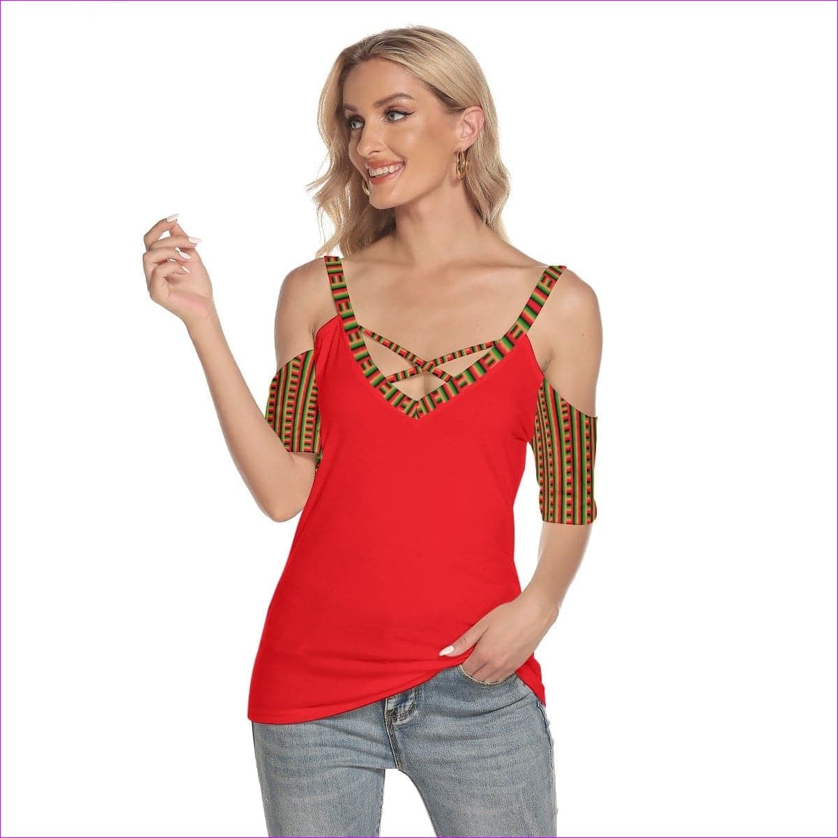 red Striped Galore Women's Cold Shoulder T-shirt With Criss Cross Strips - women's top at TFC&H Co.