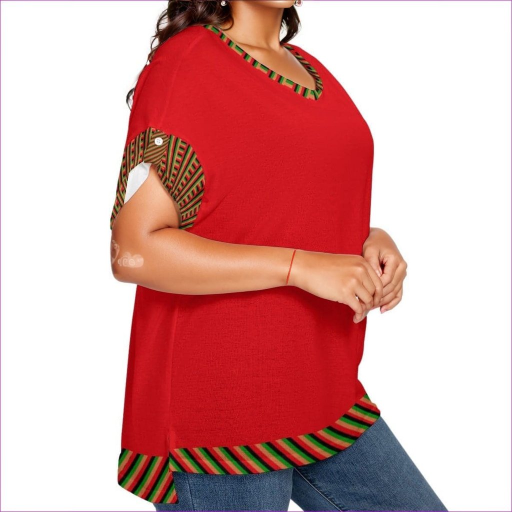 red Striped Galore Women's Drop-shoulder Short Sleeve T-shirt With Sleeve Loops Voluptuous (+) Plus Size - women's top at TFC&H Co.