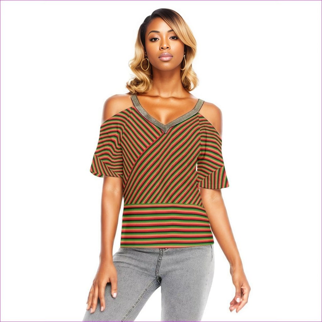 Striped Galore Women's Golden Elastic Band Neck Cold Shoulder T-Shirt - women's top at TFC&H Co.