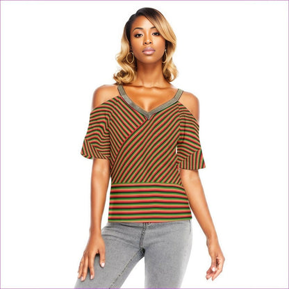 Striped Galore Women's Golden Elastic Band Neck Cold Shoulder T-Shirt - women's top at TFC&H Co.