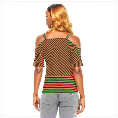 Striped Galore Women's Golden Elastic Band Neck Cold Shoulder T-Shirt - women's top at TFC&H Co.